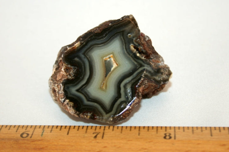 A polished slice of agate stone with concentric bands of black, gray, and pale green, showing a small gold-toned inlay in the center, displayed on a white background with a wooden ruler at the bottom for scale.