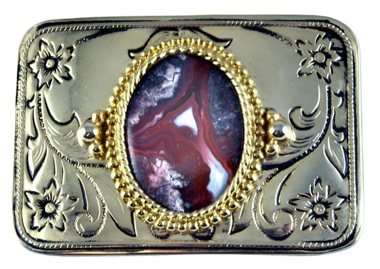 Belt Buckle -Western Design with Rare Red Crazy Lace Agate Cab