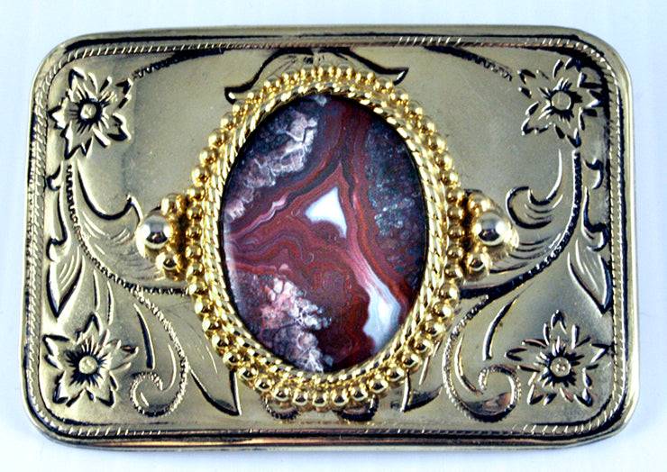 Belt Buckle -Western Design with Rare Red Crazy Lace Agate Cab