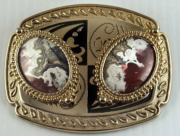Belt buckle -Western design with double Crazy Lace agate cabs
