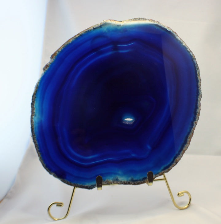 large solid blue agate slab with druzy center