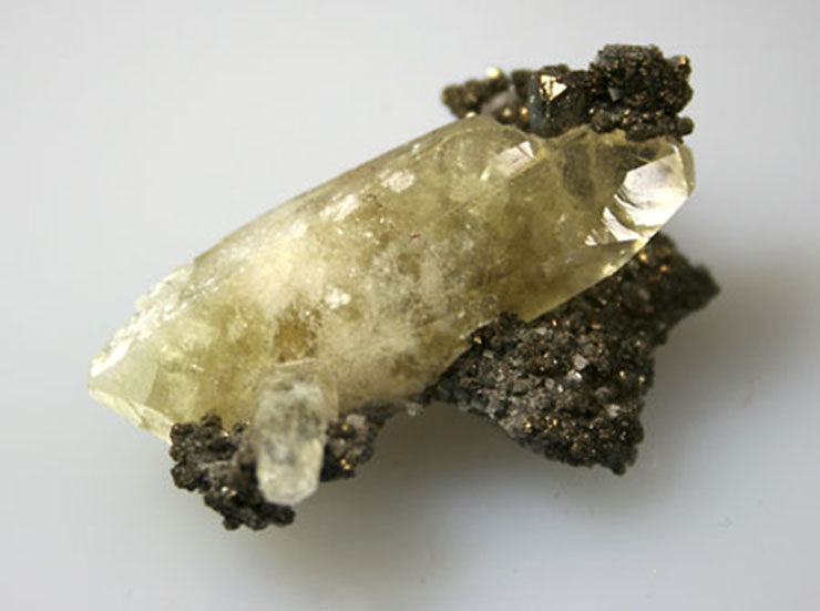 Crystal - Quartz crystal spear on Chalcopyrite and Galena from Missouri