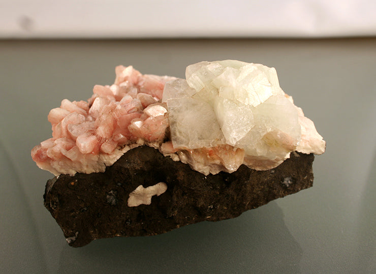 Apophyllite on pink Heulandite crystals backview